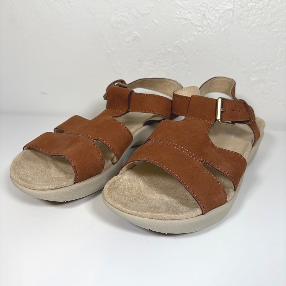 Hush Puppies Bounce Plus Cognac Brown Leather Sandals Women 6 Adjustable Comfort
